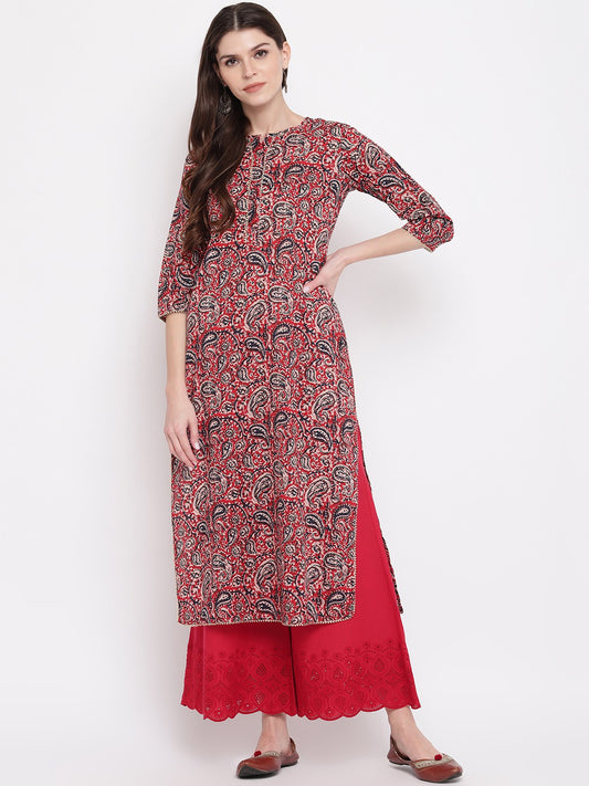 Red Kalamkari Print Straight Cotton Kurti