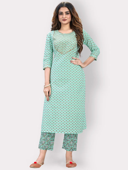 Turquoise Straight Cotton Kurta Set