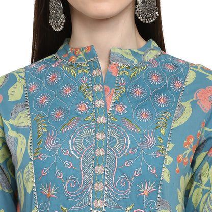 Turquoise Embroidered Anarkali Cotton Kurta