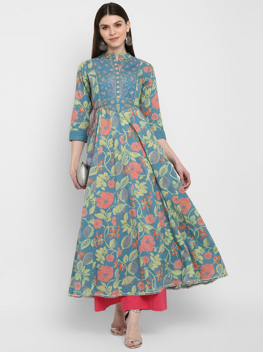 Turquoise Embroidered Anarkali Cotton Kurta