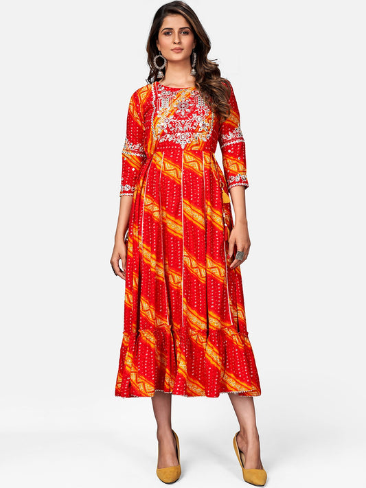 Red Embroidered Anarkali Rayon Kurta