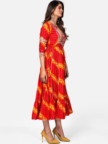 Red Embroidered Anarkali Rayon Kurta