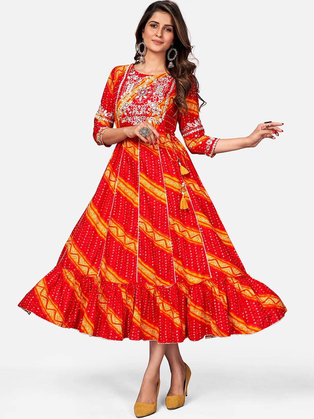 Red Embroidered Anarkali Rayon Kurta