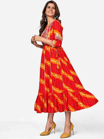 Red Embroidered Anarkali Rayon Kurta