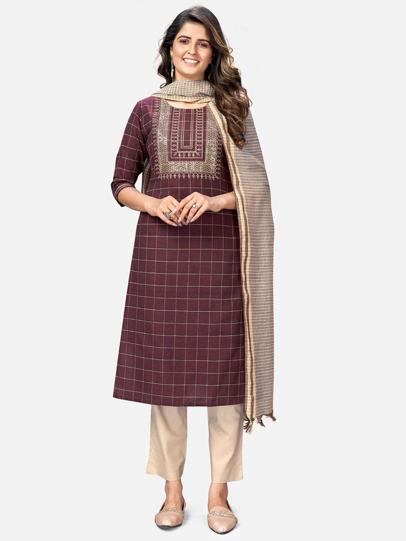 Purple Embroidered Straight Cotton Kurta Set