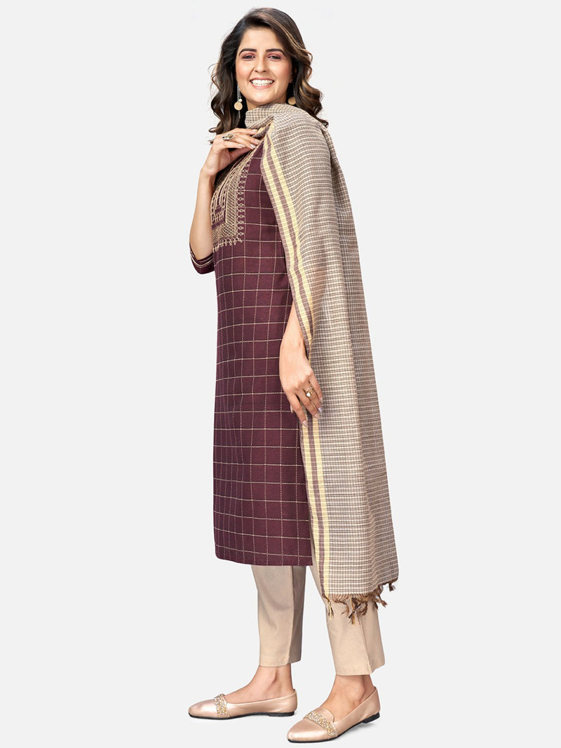 Purple Embroidered Straight Cotton Kurta Set