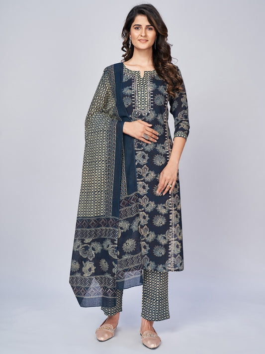 Blue Embroidered Straight Cotton Kurta Set