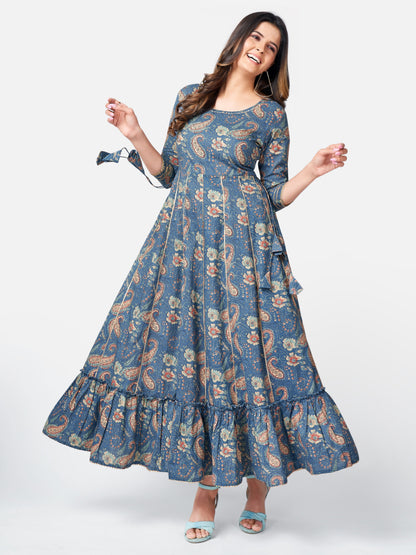 Blue Embroidered Anarkali Cotton Gown