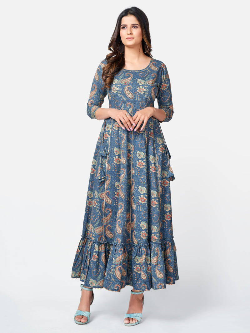 Blue Embroidered Anarkali Cotton Gown