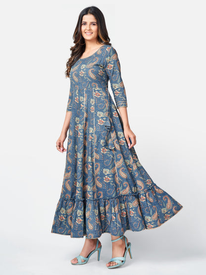 Blue Embroidered Anarkali Cotton Gown