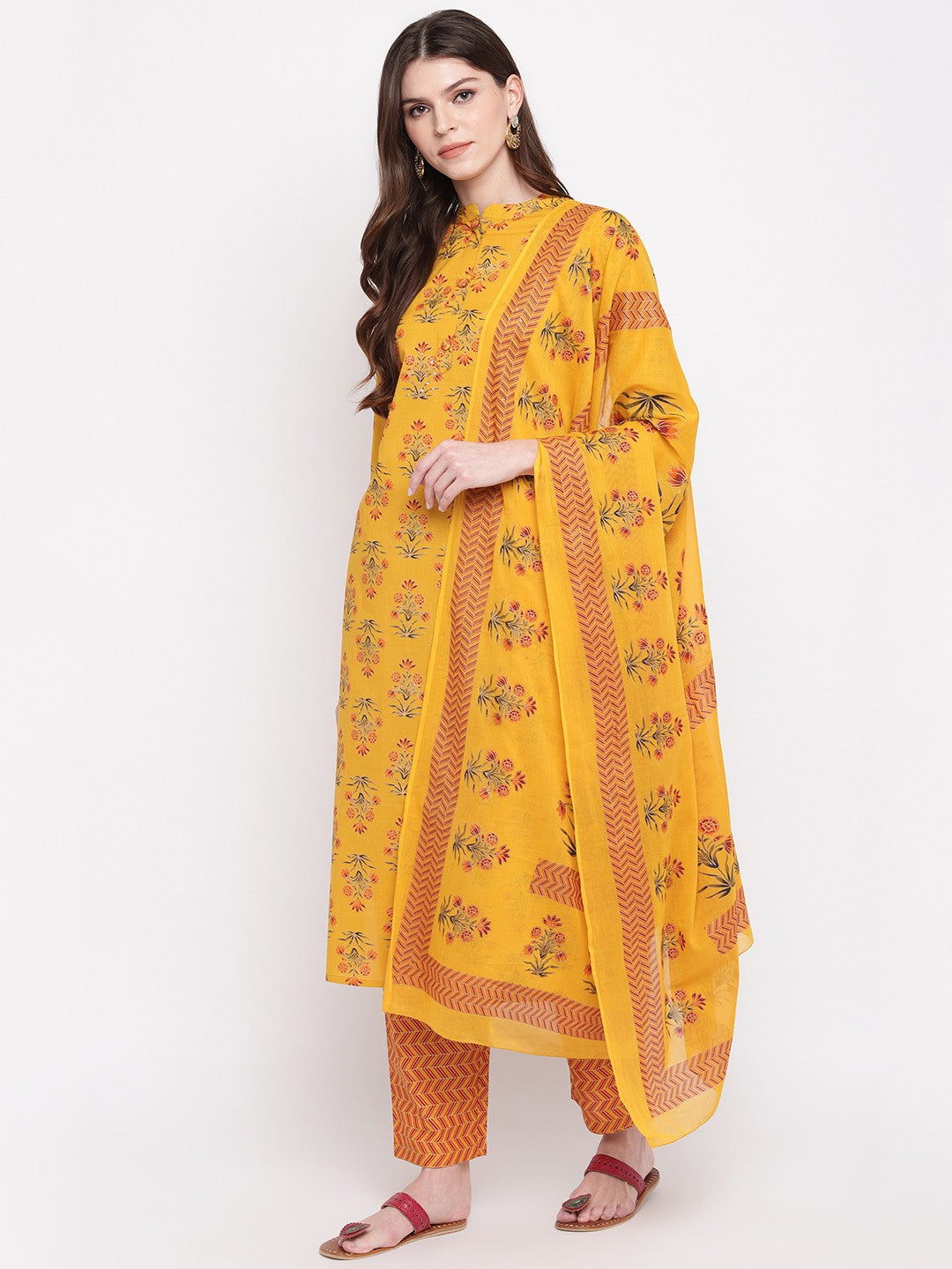 Yellow Embroidered Straight Cotton Kurti Set