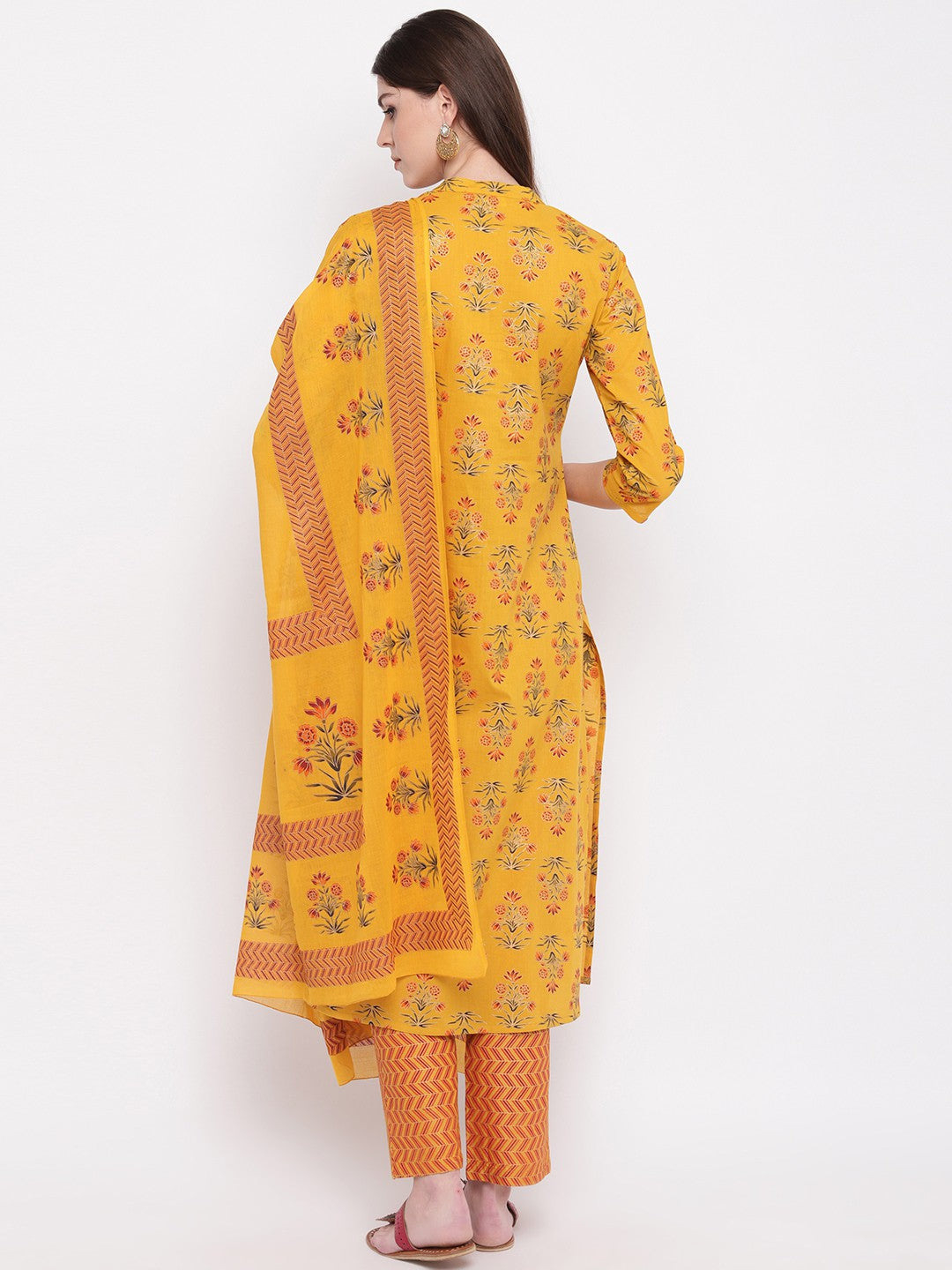 Yellow Embroidered Straight Cotton Kurti Set