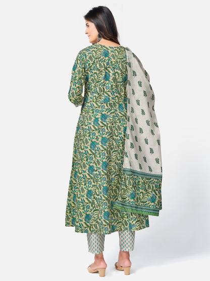 Green Embroidered Anarkali Cotton Kurta Set