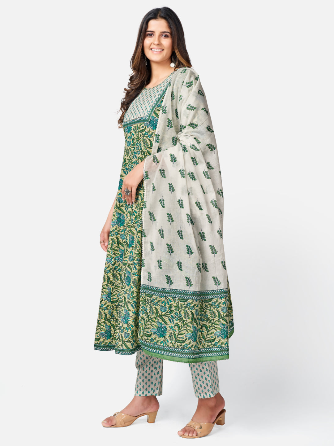 Green Embroidered Anarkali Cotton Kurta Set