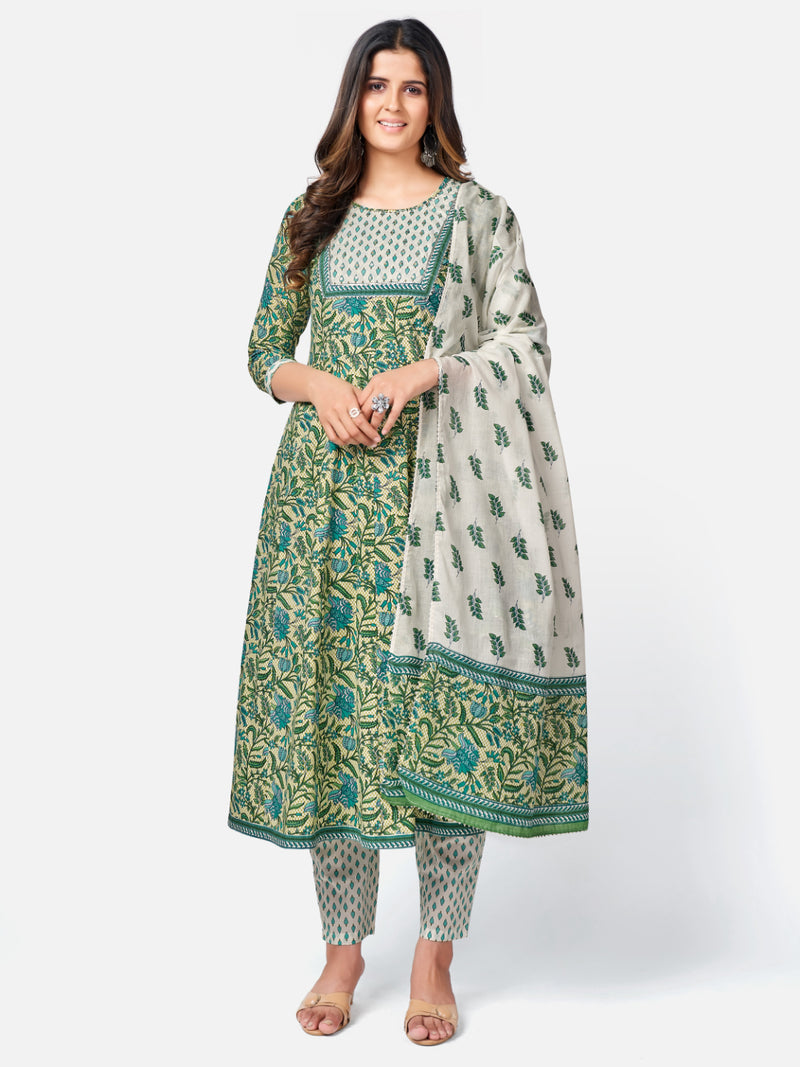 Green Embroidered Anarkali Cotton Kurta Set