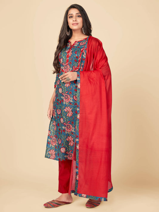 Blue Embroidered Straight Cotton Kurta Set