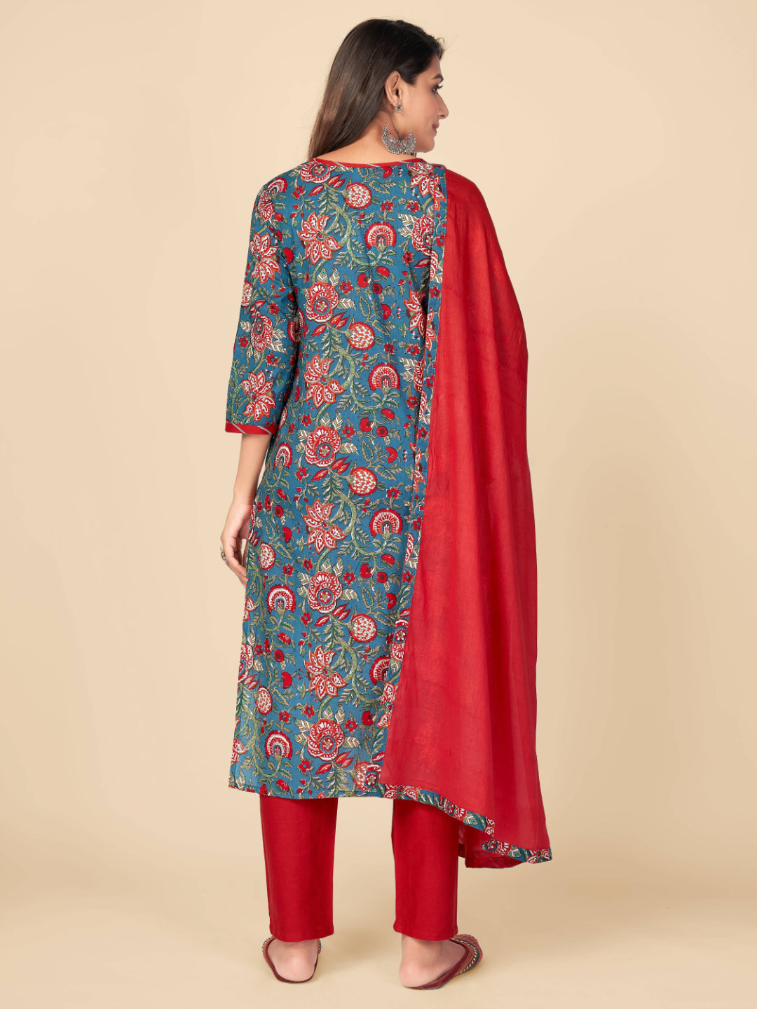 Blue Embroidered Straight Cotton Kurta Set