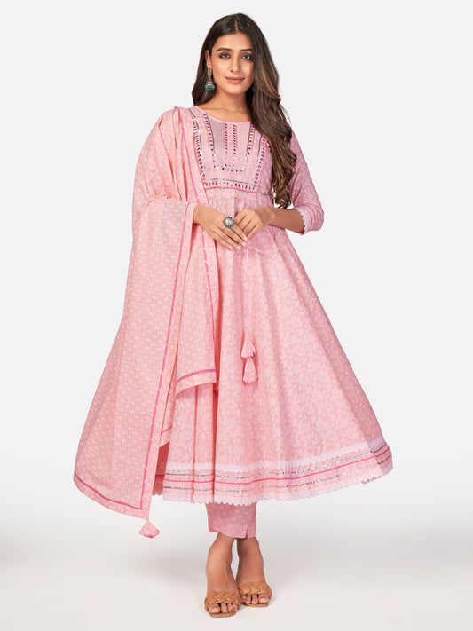 Baby Pink Embroidered Anarkali Cotton Kurta Set