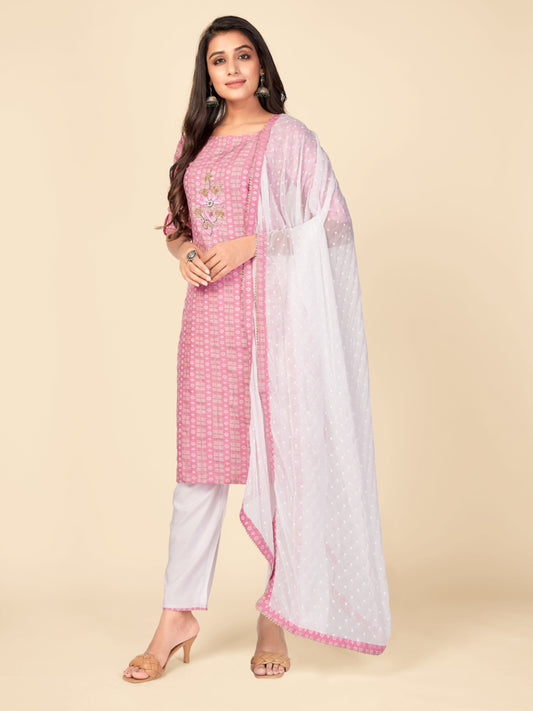 Pink Embroidered Straight Cotton Kurta Set