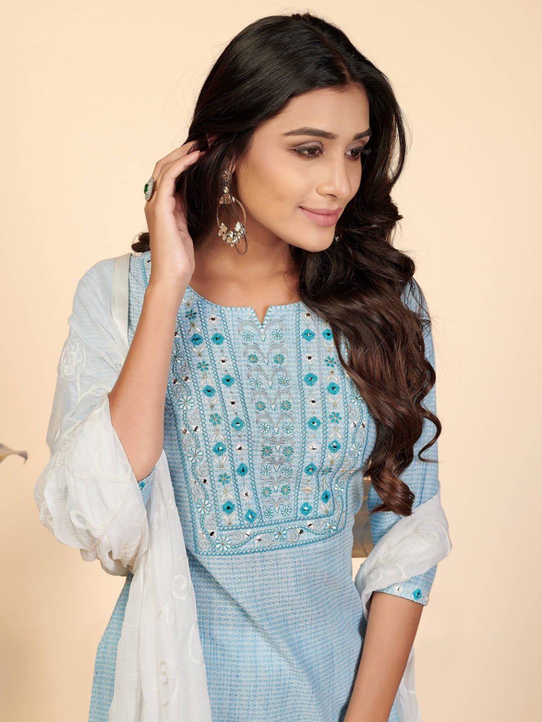 Sky Blue Embroidered Straight Cotton Kurta Set