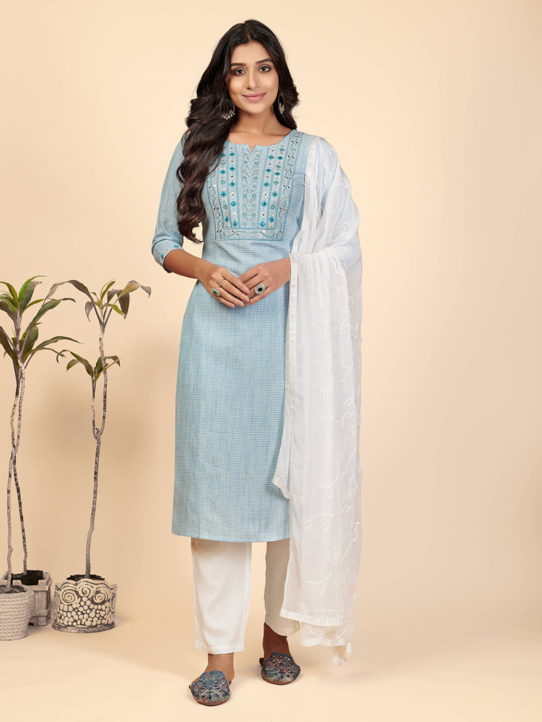 Sky Blue Embroidered Straight Cotton Kurta Set