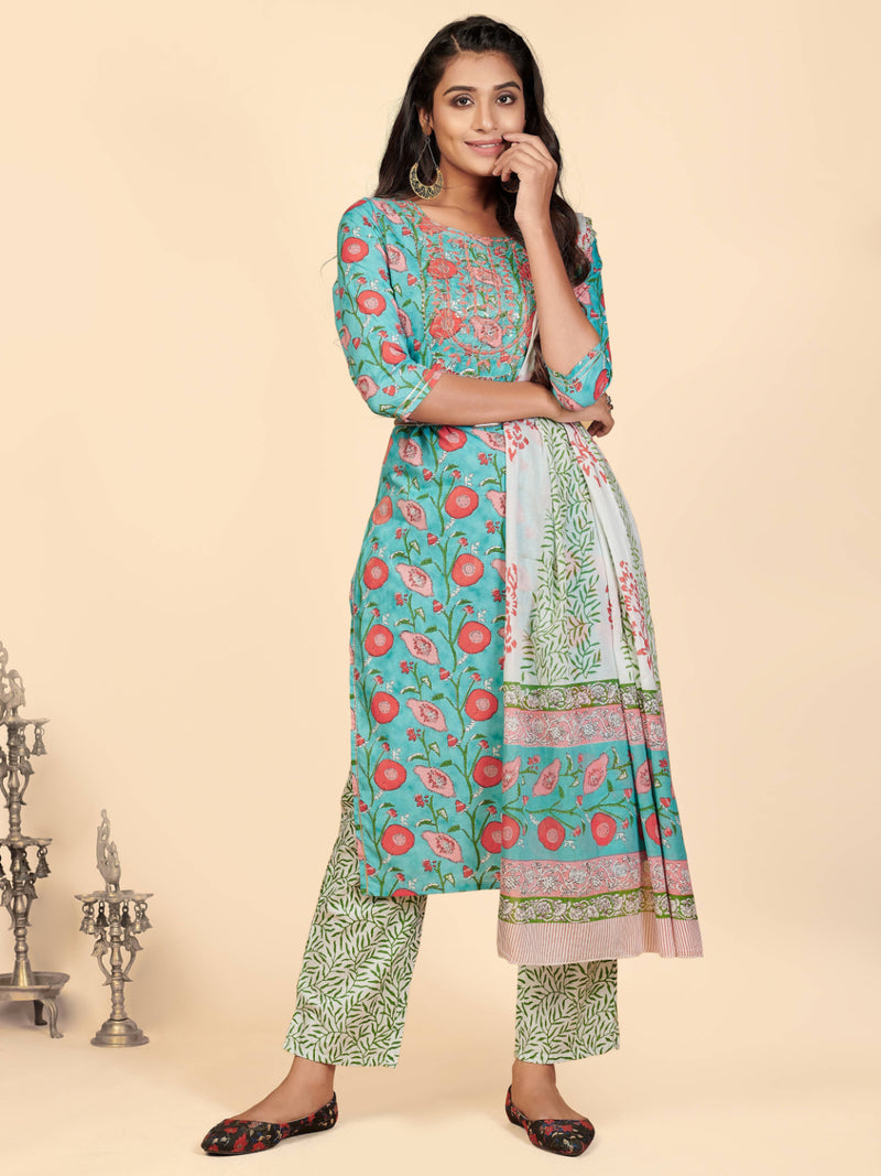 Aqua Embroidered Straight Cotton Kurta Set