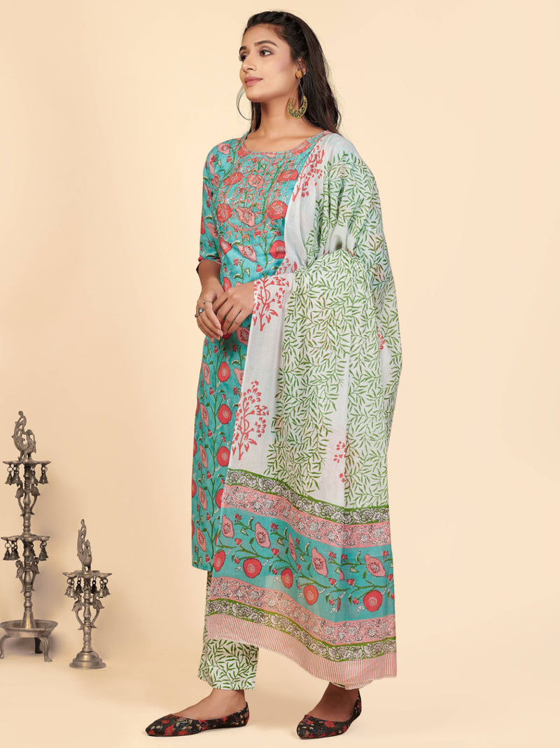 Aqua Embroidered Straight Cotton Kurta Set