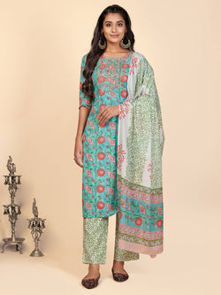 Aqua Embroidered Straight Cotton Kurta Set