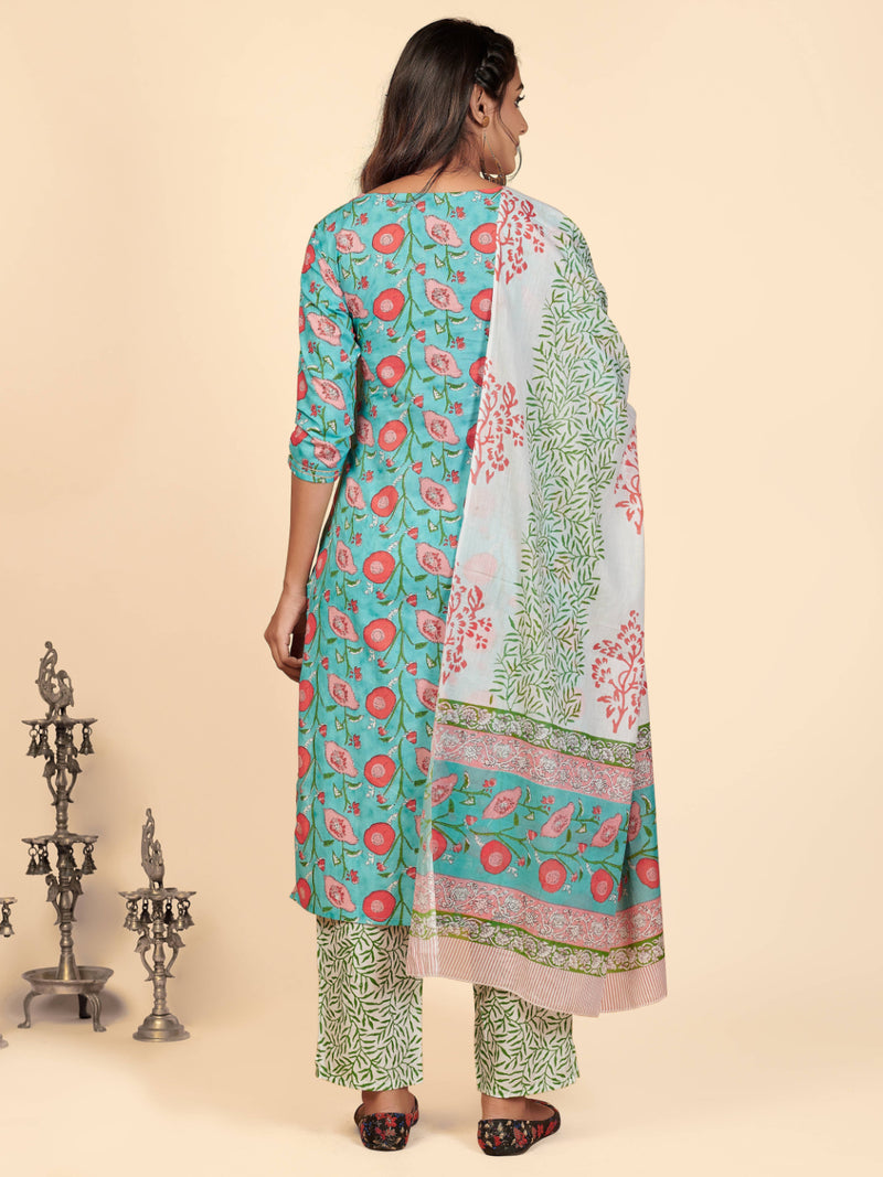 Aqua Embroidered Straight Cotton Kurta Set