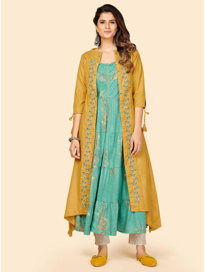 Mustard Embroidered Anarkali Muslin Kurta With Shrug