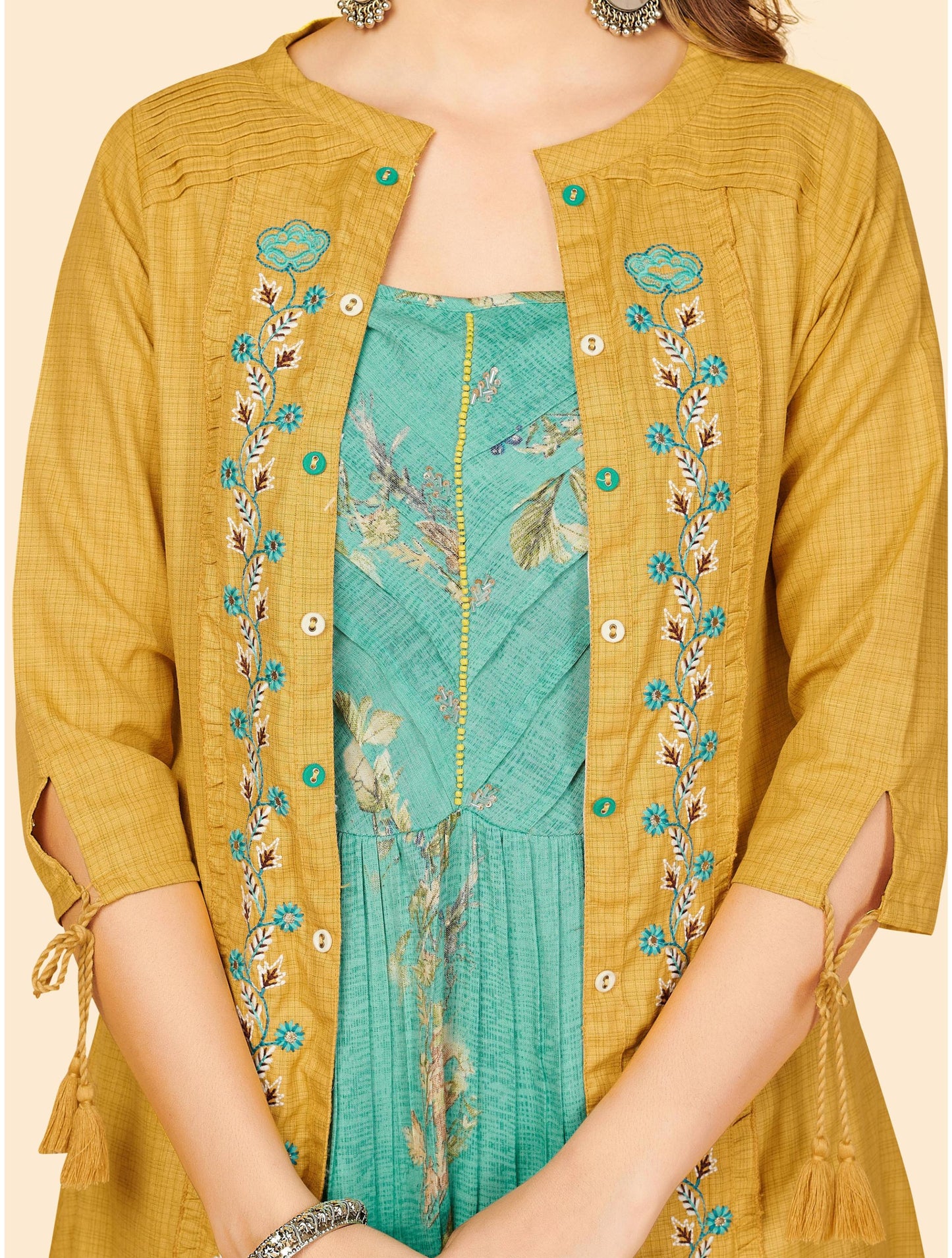 Mustard Embroidered Anarkali Muslin Kurta With Shrug