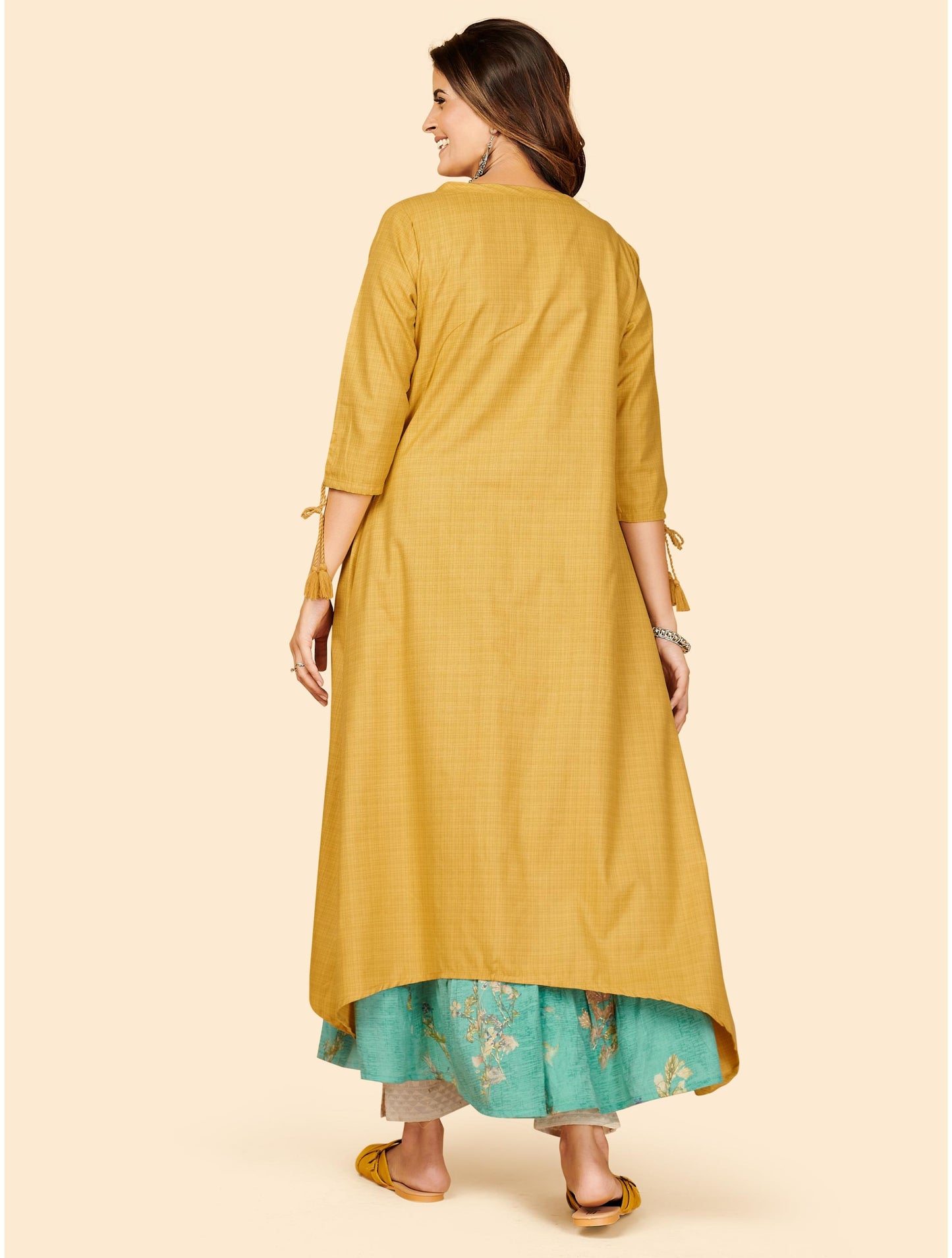 Mustard Embroidered Anarkali Muslin Kurta With Shrug