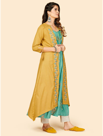 Mustard Embroidered Anarkali Muslin Kurta With Shrug