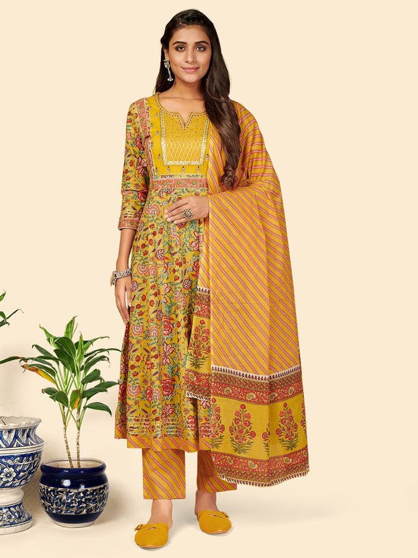 Yellow Embroidered Anarkali Cotton Kurta Set