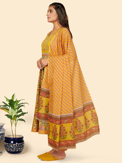 Yellow Embroidered Anarkali Cotton Kurta Set