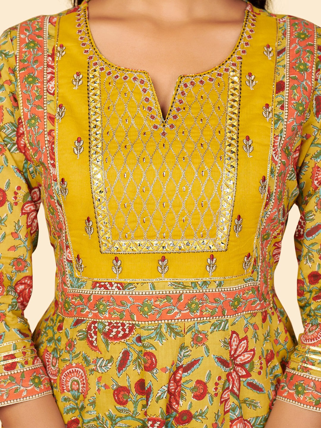 Yellow Embroidered Anarkali Cotton Kurta Set