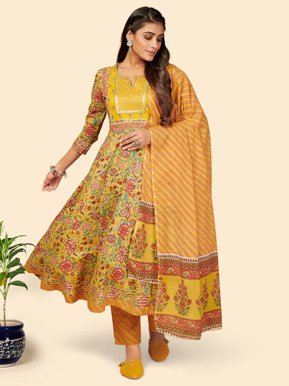 Yellow Embroidered Anarkali Cotton Kurta Set