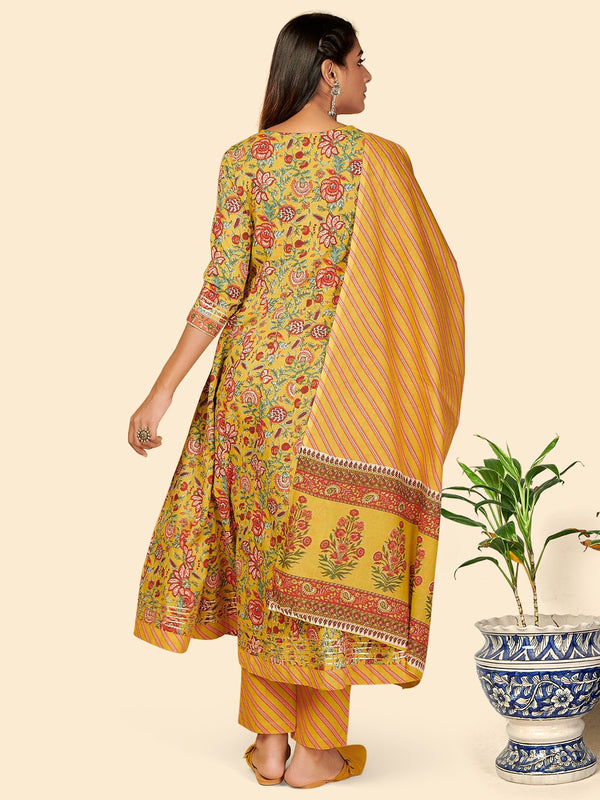 Yellow Embroidered Anarkali Cotton Kurta Set