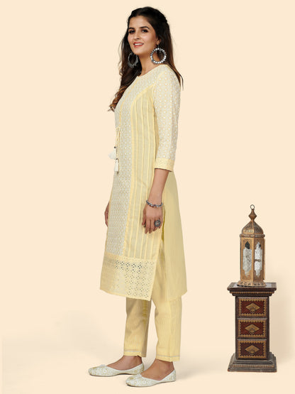 Yellow Chikankari Straight Cotton Kurta Pant