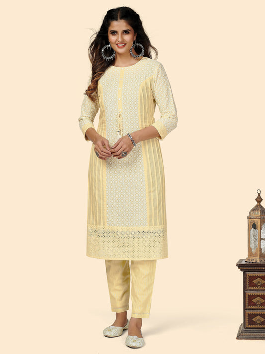 Yellow Chikankari Straight Cotton Kurta Pant