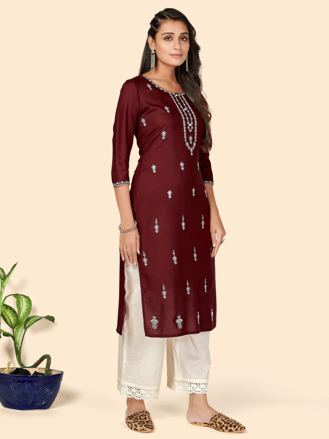 Maroon Embroidered Straight Rayon Kurta