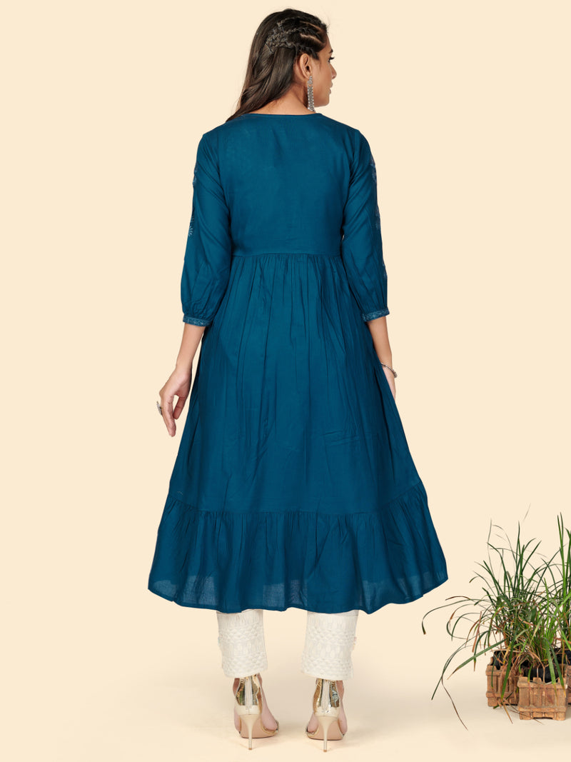 Dark Aqua Embroidered Anarkali Rayon Kurta