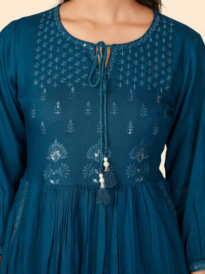 Dark Aqua Embroidered Anarkali Rayon Kurta