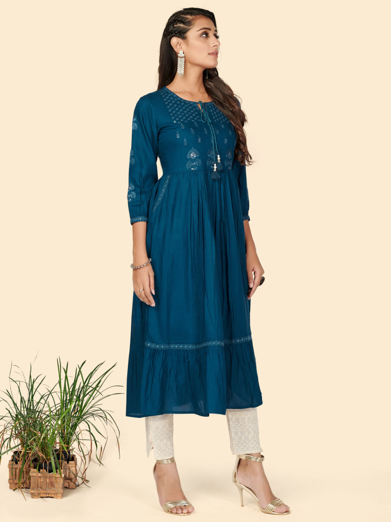 Dark Aqua Embroidered Anarkali Rayon Kurta