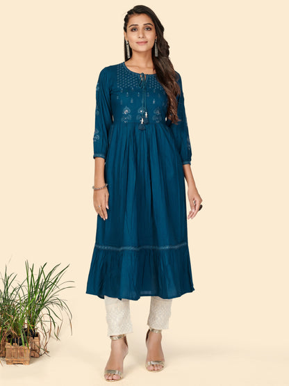 Dark Aqua Embroidered Anarkali Rayon Kurta