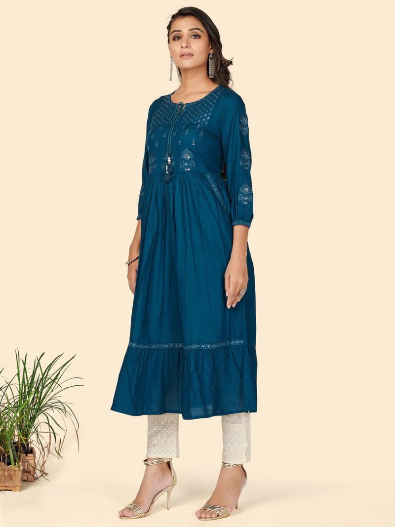 Dark Aqua Embroidered Anarkali Rayon Kurta