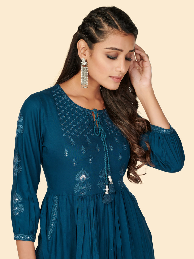 Dark Aqua Embroidered Anarkali Rayon Kurta