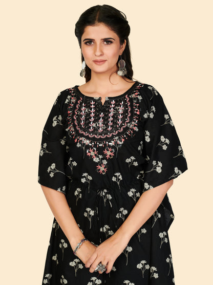 Black Embroidered Cotton Kaftan Kurta Pant