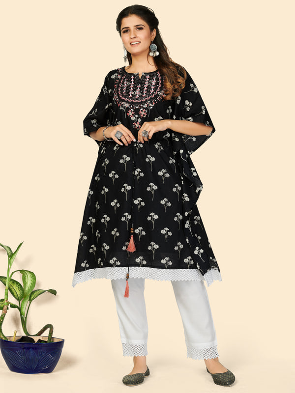 Black Embroidered Cotton Kaftan Kurta Pant