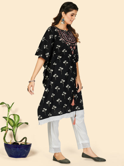 Black Embroidered Cotton Kaftan Kurta Pant